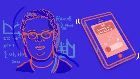 Hannah Eachus Illustration of Dr Shirley Jackson and a mobile phone