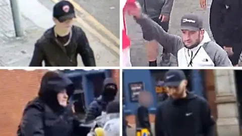 Greater Manchester Police  Four CCTV images side by side of people wearing hats and face coverings in Bolton 