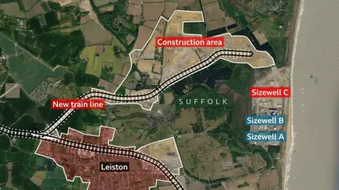 BBC/Google A satellite image has been overlaid with labels to locate two separate construction areas, a new train line and Sizewell A, B and C power stations. The town of Leiston is shaded in red.