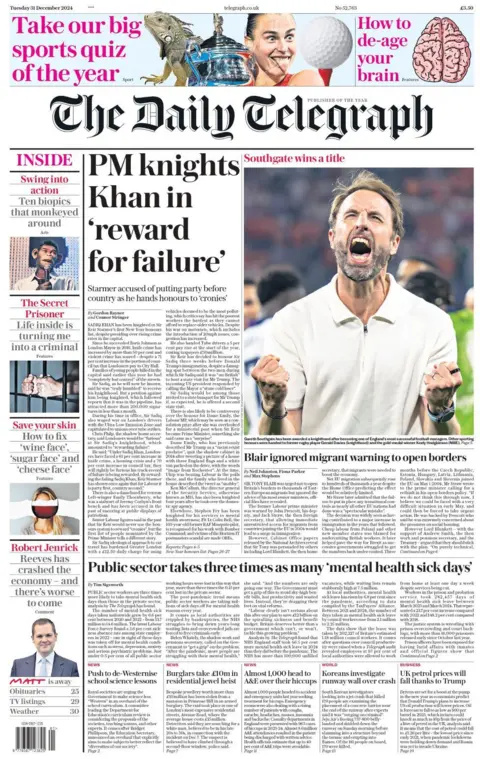 PM knights Khan in 'reward for failure' reads the Daily Telegraph