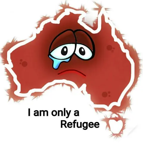 EatenFish A drawing by EatenFish, showing a map of Australia, with two crying eyes, and the words "I am only a refugee"