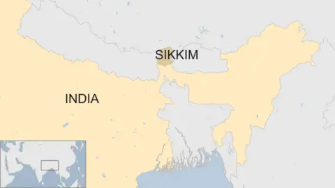 A map showing the state of Sikkim in northeast India, on the border with China, Nepal and Bhutan