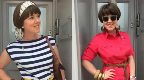 Caroline Jones Two pictures of Caroline Jones in 2015 with short brown hair to just below her ears. In the left image she wears a blue and white striped T-shirt, navy blue trousers and a yellow belt. She has a cream and blue scarf in her hair and carries a tan coloured bag. In the right image she wears a bright dark pink shirt dress with a brown belt. She has large copper earrings and chunky copper bracelets. She is wearing large sunglasses.