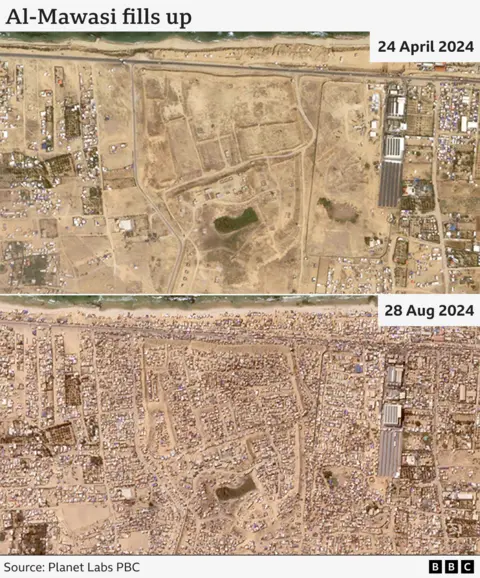 Kabla na baada ya picha ya setilaiti ya al-Mawasi, inayoonyesha jinsi malazi ya muda na mahema yalivyoongezeka kati ya tarehe 24 Aprili 2024 na 28 Agosti 2024