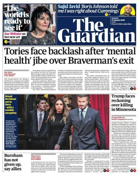 The headline on the front page of the Guardian reads: “Tories face backlash after 'mental health' jibe over Braverman's exit”.