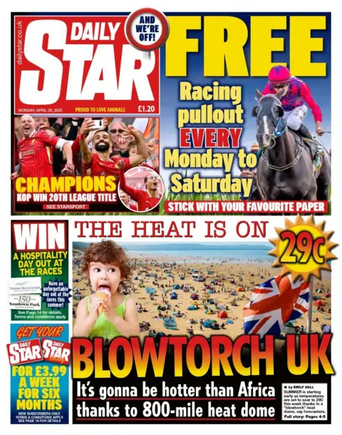 The front page of the Daily Star newspaper. The headline reads: 'Blowtorch UK: It's gonna be hotter than Africa thanks to 800-mile dome'.