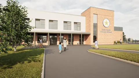 The artist impression shows a brick building and what could be an entrance leading to a taller block on the right. Above the lower brick building is a grey construction with windows. A sweeping concrete path leads to the school with grass either side and a tree with pupils and adults milling about.