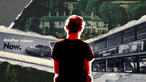 A graphic of a person looking at a laptop screen. In the foreground feature adverts for luxury prizes won via giveaways.