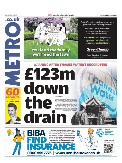 The headline on the front page of Metro reads "£123m down the drain."