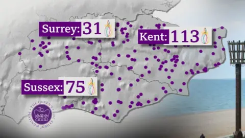 A graphic drawing showing beacon locations across Kent, Sussex and Surrey