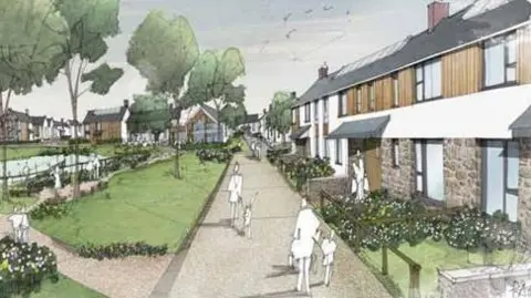 An artist's impression of the central open space area for the proposed development at Brynsworthy. In a cartoon style a large woodland area is seen with houses around the development. 