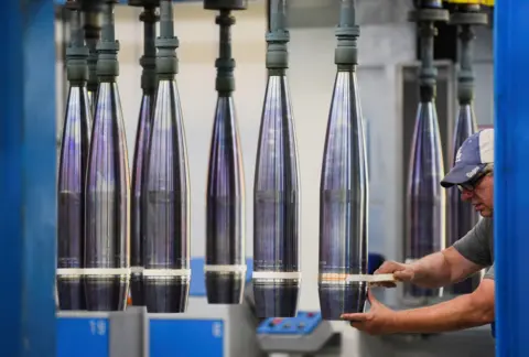 A production line for 155 mm artillery peel in the Rheinmetall plant in Unterfuess