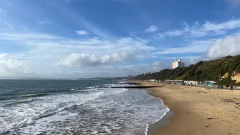 MrsPottage Looking down the beach as the tide washes in, groynes dotted along its edge. A cliff rises on the right hand side with a tower block in the distance.