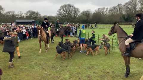 A group of people stood watching as a pack of hounds gather around and there are three people on horses gathered around on a field.