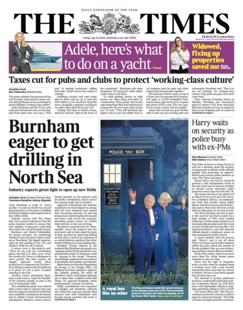 The headline on the front page of the Times reads: “Burnham eager to get drilling in ”.