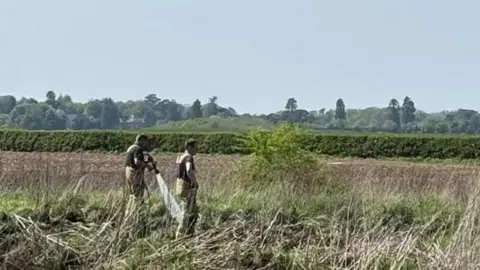 Two men in beige overalls standing in tall grass with a hedgerow in the distance