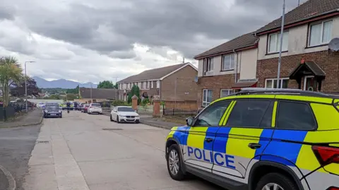 A view of houses along Colmcille Road, with a police car parked in the foreground and a manned police cordon in the distance. The Mourne Mountains can be seem on the horizon. 