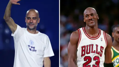 A split picture of Pep Guardiola and Michael Jordan