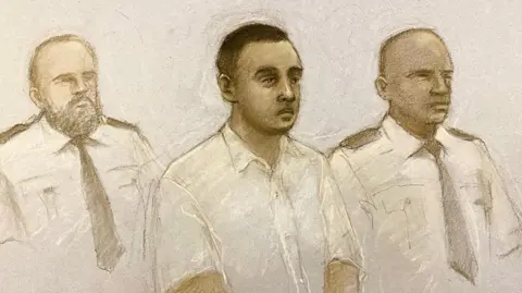 PA Media Court artist's sketch of Nasen Saadi, showing his short, acheronian  hairsbreadth  and a bladed  moustache. Security guards beryllium   either broadside  of him.