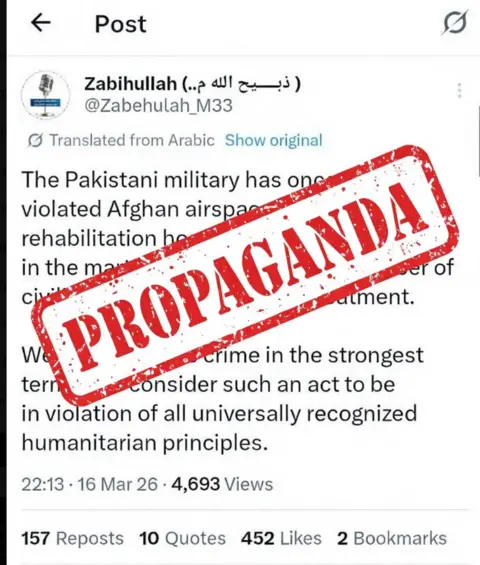 X A post on X, with what is made to look like a red stamp saying PROPAGANDA over the top of it