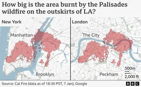 Two maps that show the extent of the area burned by the Paliside fire by imposing the area in red above the centers of New York and London.