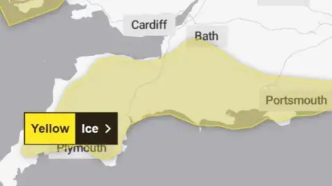 Met Office A map of the South West showing the yellow warning for ice as a cloud covering from west of Plymouth to Portsmouth