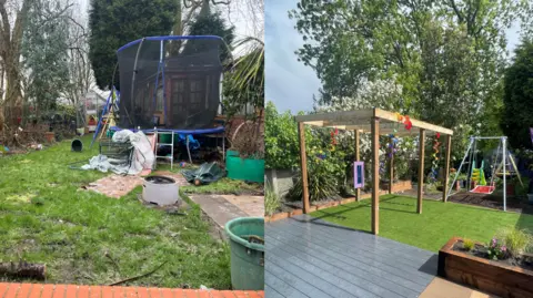 WellChild A photo of a garden transformation before and afterwards. On the left hand side is a trampoline and a greenhouse. In the second photo is an accesible garden with green grass and lots of colour and a swing. 