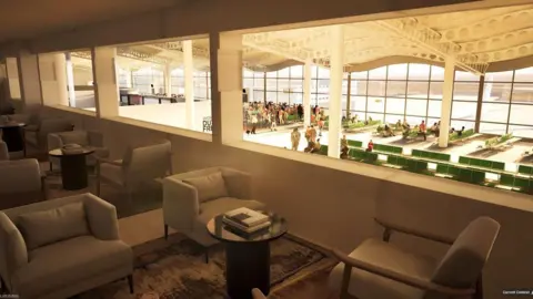City of Doncaster Council An artist's impression shows white armchairs in a lounge on a mezzanine floor overlooking an airport terminal.