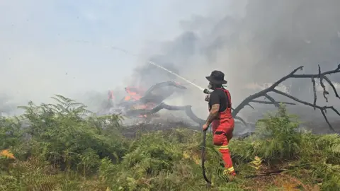 A firefighter standing in a field wearing protective clothing and holding a fire hose. They are facing away from the camera and a wildfire burns in the background. A tree is lying on its side and in flames and there are large plumes of smoke in the air.