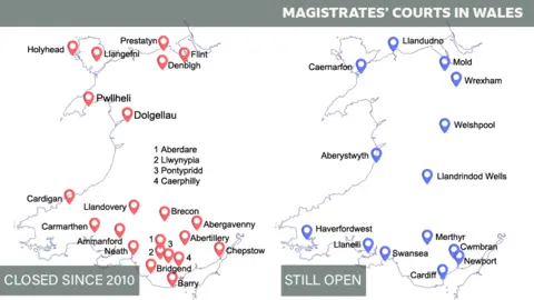 Map of 22 magistrates' courts closed since 2010 and 14 still open