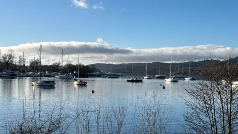 A general view of boats on the water at Ferry Nab in Windermere.