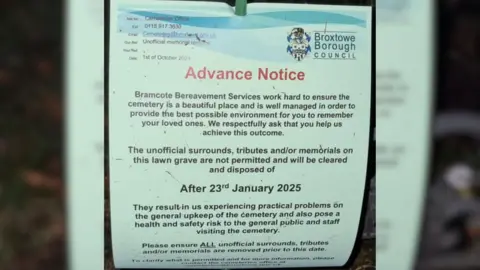 Lindsey Collins A notice advising people that unofficial mementos will be removed from Chilwell Cemetery after 23 January 2025