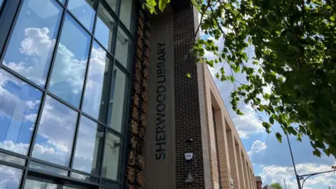 A close up of the new Sherwood Library building.
