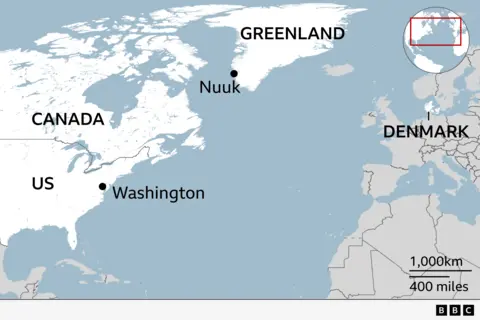 Map showing the location of Greenland and the capital Nuuk, relatively to Denmark, Canada and the United States. Also labelled is the US capitol Washington.