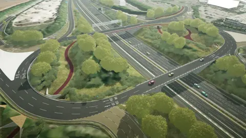 National Highways CGI mock up of the work to the M3 shows the motorway with four lanes in the centre, with trees either side of the road and a roundabout abover diverting drivers off 
