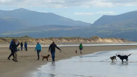 Robin Drayton / Geograph Several people, including a couple of dogwalkers, are shown strolling along the beach at Llanddwyn.