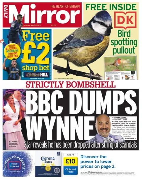 BBC dumps Wynne is a headline on the Mirror and above there is a picture of a bird with the headline: bird spotting pullout. 