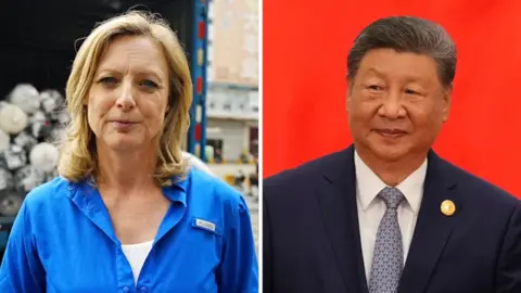 Split screen of BBC correspondent Laura Bicker and Xi Jinping 