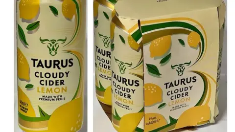 Royal Courts of Justice  A single can and a pack of four cans of the Aldi product within its own brand Taurus range, with whole lemons on the can