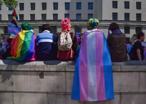 Getty Images Protester with the transgender flag draped over them