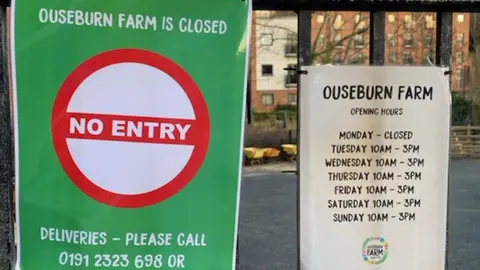 BBC Sign saying Ouseburn Farm is closed