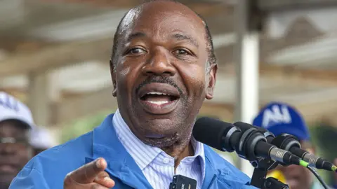 Getty Images Ali Bongo Ondimba, the outgoing Gabonese president and candidate to succeed him in the presidential election on 26 August 2023, at his campaign rally in Ntoum (42 km from Libreville) on 20 August 2023