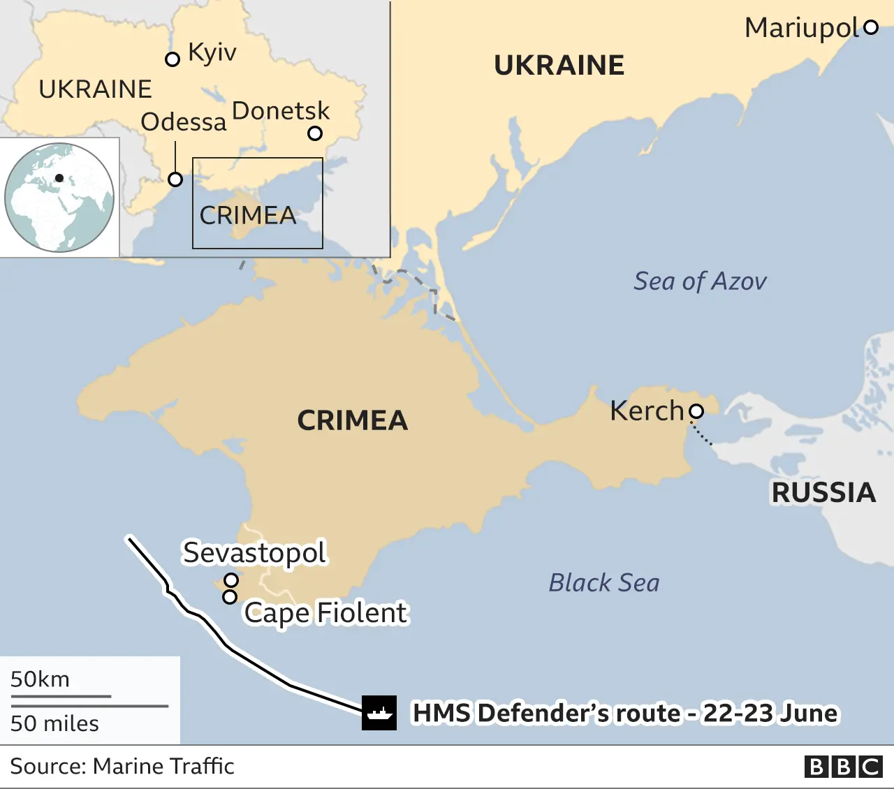 Map showing Crimea, Ukraine and Russia and the warship's path. Updated 24 June