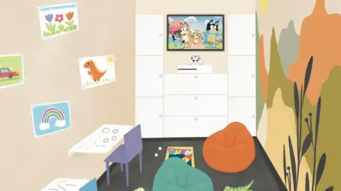 Leeds Children's Hospital Artist's drawing showing a brightly coloured room with beanbags. There are children's drawings of dinosaurs on the wall and a television playing cartoons.