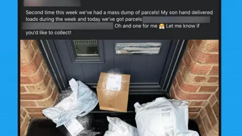 Resident's photo Social media post showing misdelivered parcels on a doorstep by a grey front door. 