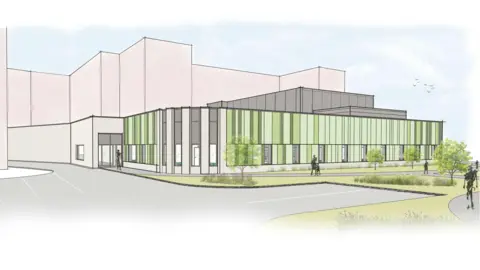 Artist's impression of the planned urgent treatment centre at Cumberland Infirmary. The sketch - in pastel colours - depicts a single storey building with windows along the lower level.