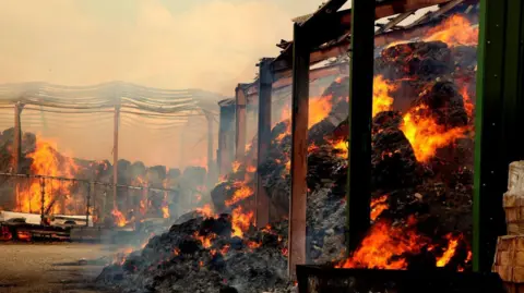 South Yorkshire Fire and Rescue Service A large industrial building that is being engulfed by a severe fire. Large piles of hay are burning intensely throughout the structure. Bright orange flames are visible across multiple areas, rising from the piles and spreading through the interior. The building's metal framework remains standing, but much of the roof appears to have collapsed or been destroyed by the fire. Twisted and partially melted roofing material can be seen hanging from the skeletal steel supports. Thick smoke fills the air, creating a hazy atmosphere.