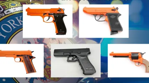 West Yorkshire Police A poster displaying five black and orange firearms. 