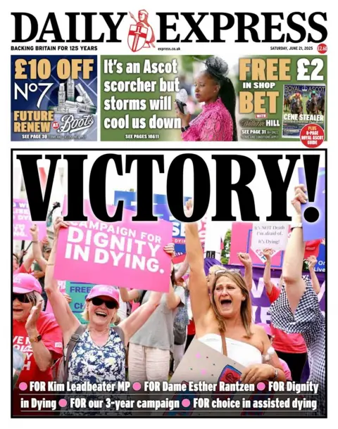 The headline on the front page of the Daily Star, referring to the assisted dying vote, reads: "Victory!"