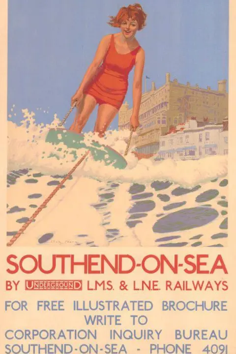 London Transport Museum The image is of a woman in a red swimming dress in the sea with a Victorian building in the background. The text reads: Southend-On-Sea. By Underground LMS and LNE Railways.